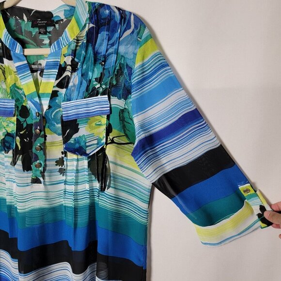Cocomo Womens Blue Floral Striped Artsy 3/4 Sleeves Sheer Top Petite Large - Picture 5 of 9